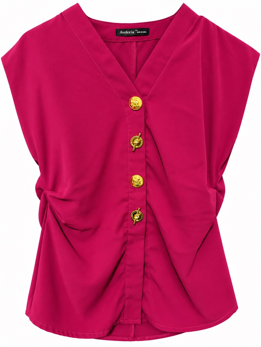 Fuchsia V-Neck Button Front Women's Top